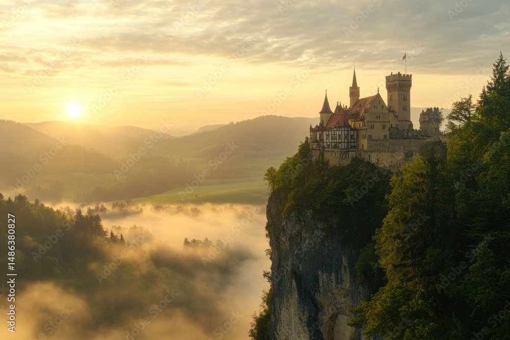 Castle perched on a cliff overlooking a misty valley at sunrise with soft light illuminating the landscape, Castle on cliff at sunrise with misty valley, serene background Castle perched on a cliff overlooking a misty valley at sunrise with soft light illuminating the landscape, Castle on cliff at sunrise with misty valley, serene background