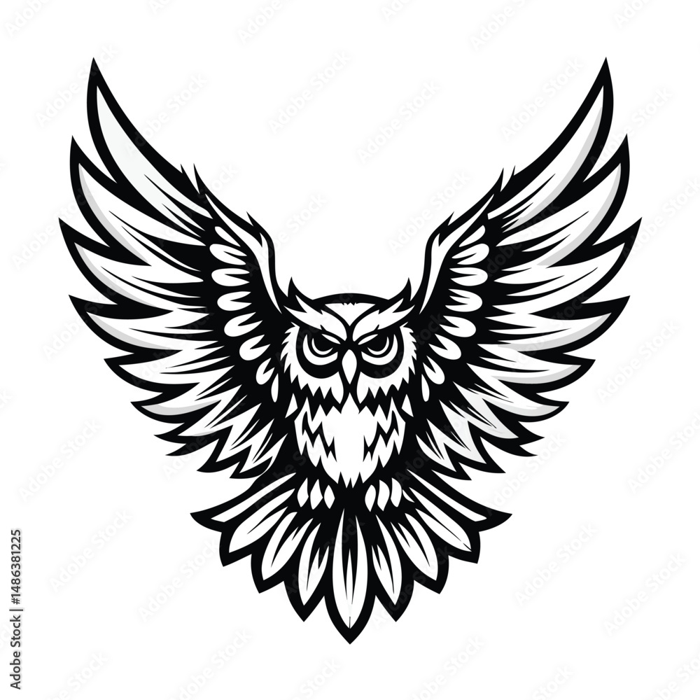 Obraz premium Stylized Owl with Open Wings, Black and White Illustration, Detailed Plumage, Art