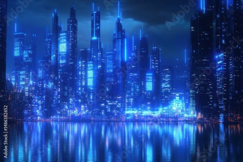 Futuristic cityscape illuminated by blue lights reflecting on water at night, A futuristic cityscape glowing with blue light, reflected in the water below