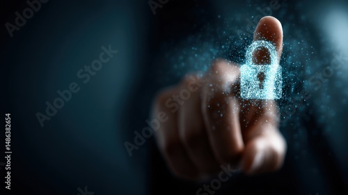 Digital security concept graphic finger touching glowing padlock representing data protection and technological safety