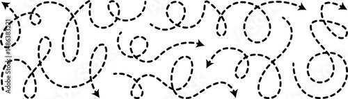 Dashed arrow squiggly vector line set. Curved shape doodle brush element. Complex plan, map path pattern. 3d up down direction scribble dynamic curly marker. Looped black stroke twirl spiral handdrawn