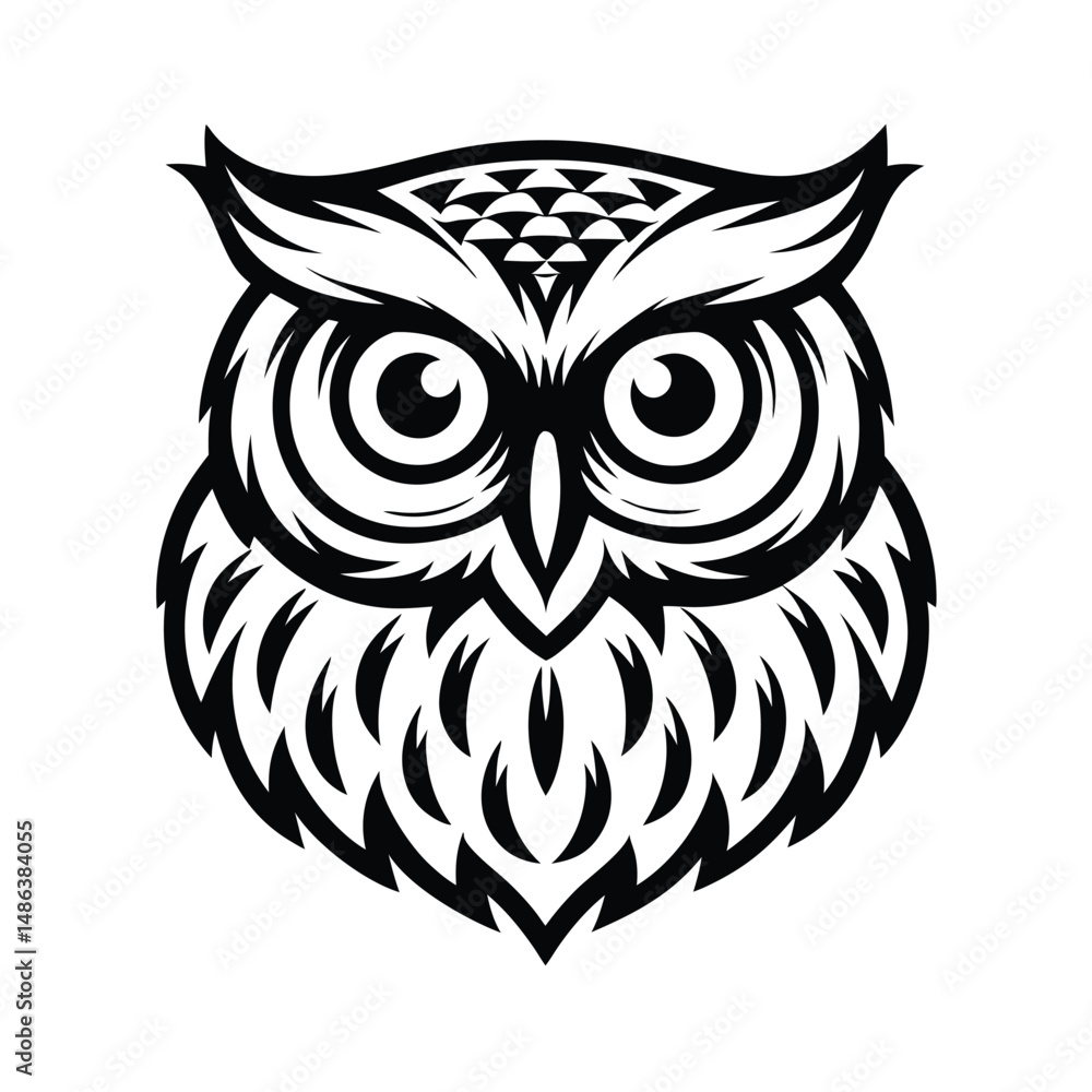 Fototapeta premium Frontfacing Owl Black and White Bold Lines on White Backdrop