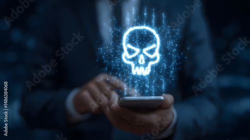 A digital security and cybersecurity concept featuring a glowing skull hologram emerging from a smartphone representing the dangers and threats posed by hacking and cyber attacks in the digital age