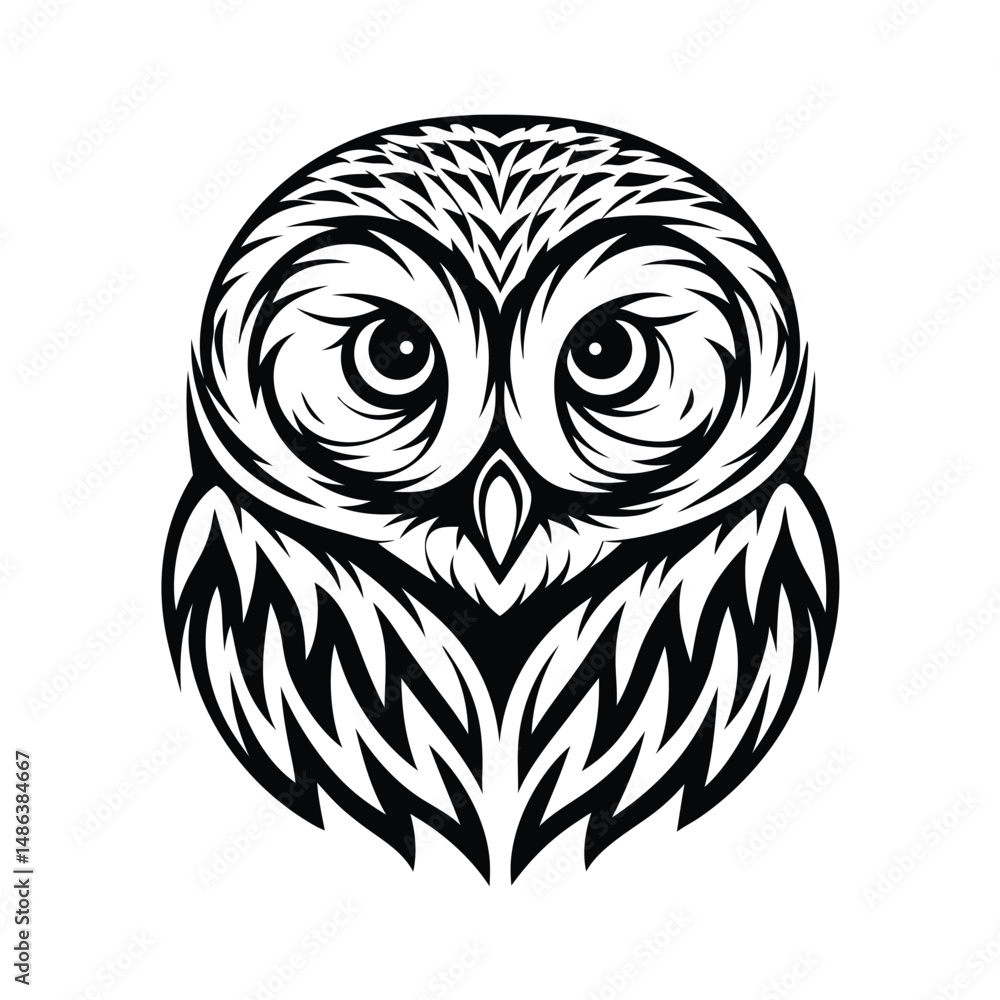 Obraz premium Abstract Owl Head Illustration, Black and White Design, Minimalist Style, Bird Art