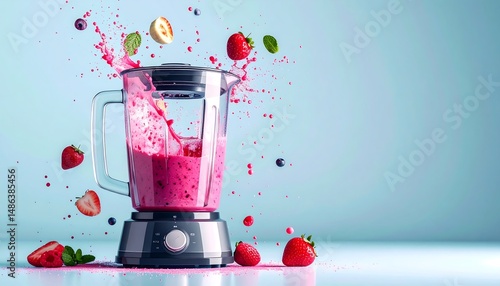 Vibrant Smoothie Explosion with Floating Berries and Mint Leaves on Light Blue