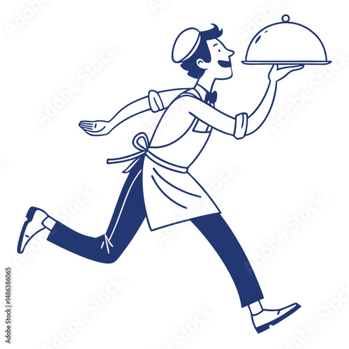 Running Waiter Character, Holding Tray, Apron and Uniform, Isolated on White, Outline