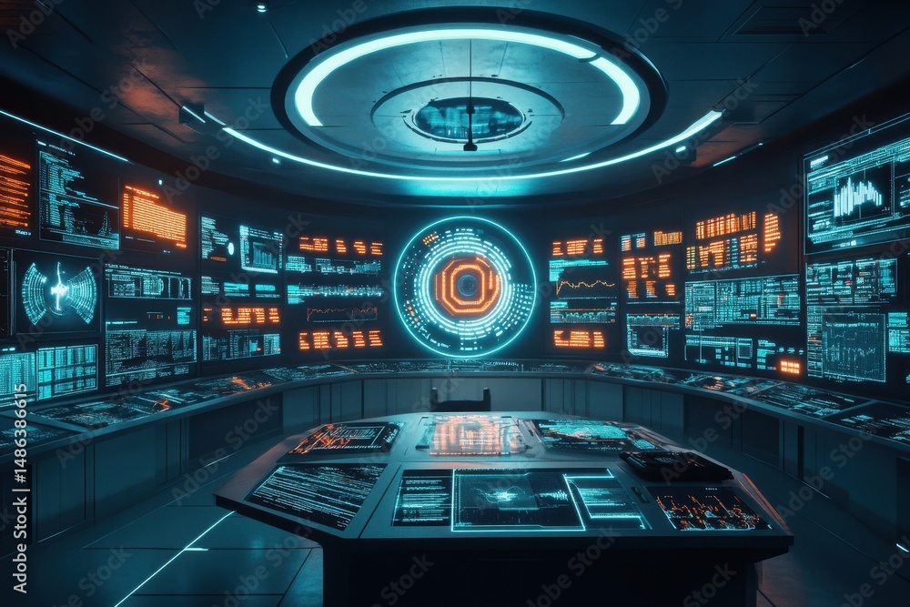 Obraz premium Futuristic control room featuring glowing circular displays and advanced data interfaces, A futuristic control room with a glowing, circular display and a network of screens displaying data