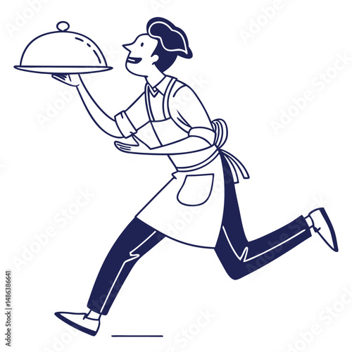 Line Art Running Waiter Holding Silver Cloche on White Background, Service Industry