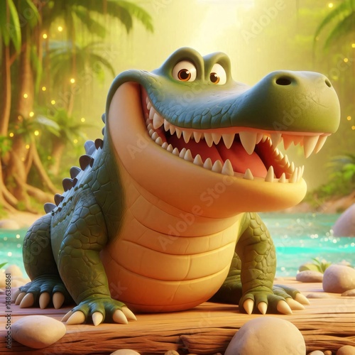 A cheerful cartoon alligator smiles broadly amidst a vibrant jungle setting with sparkling water.