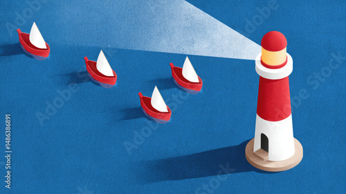 Lighthouse guiding small boats at sea, illustrated with light beam