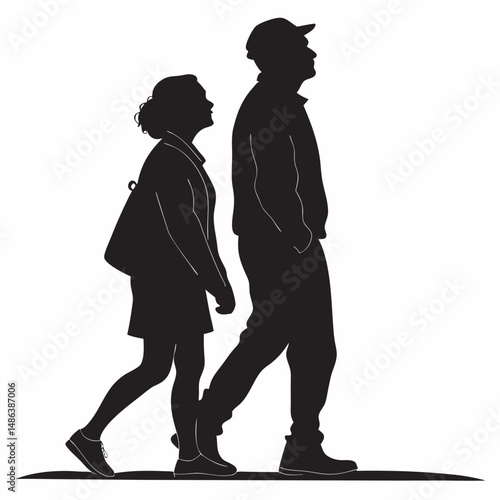 Walking couple silhouette illustration casual stroll man and woman together on path