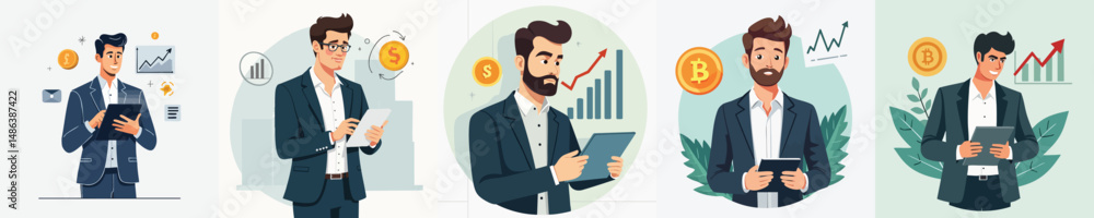Young Professional Businessman Using Tablet with Financial Growth Charts and Coin Icons – Vector Illustration of Digital Business Strategy and Investment Analysis Young Professional Businessman Using Tablet with Financial Growth Charts and Coin Icons – Vector Illustration of Digital Business Strategy and Investment Analysis