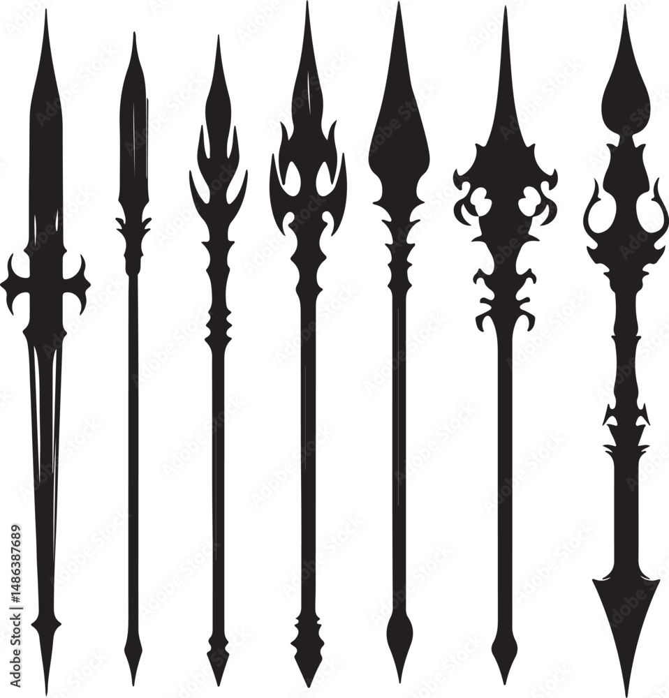 Silhouette Spearheads: Fantasy Weapon Designs, Detailed Black Art Silhouette Spearheads: Fantasy Weapon Designs, Detailed Black Art