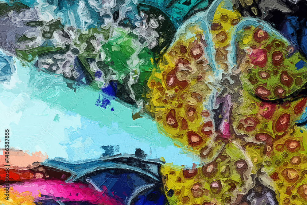Fototapeta premium Various oil paintings, flowers, snakes, landscapes, waterfalls, animals, butterflies, mushrooms