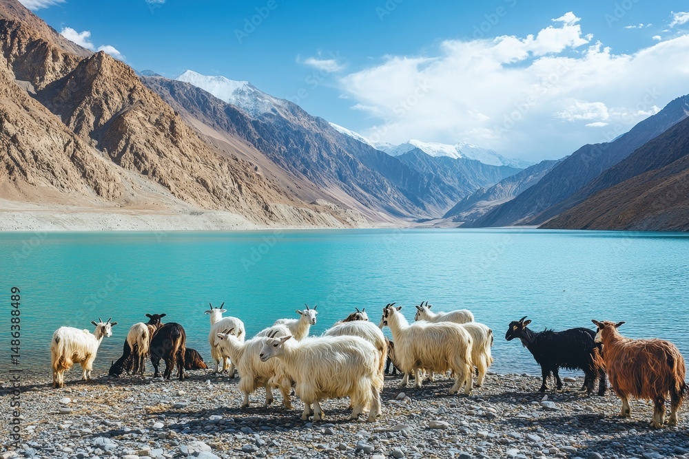 Naklejka premium Cashmere pashmina goats grazing peacefully by the tranquil blue waters of Ladakh's stunning landscape, Cashmere pashmina wool goats in Ladakh graze near mountain lake