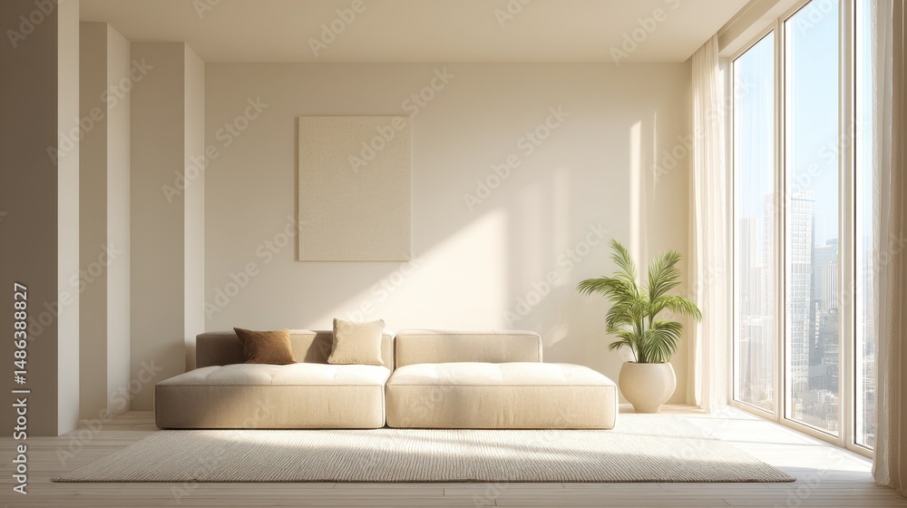 Minimalist living room with beige sofa and abstract art, bathed in soft natural light, embodying contemporary elegance and tranquility. Minimalist living room with beige sofa and abstract art, bathed in soft natural light, embodying contemporary elegance and tranquility.