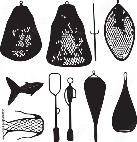 Silhouette Fishing Gear Collection: Nets, Fish, Spears, and Tools