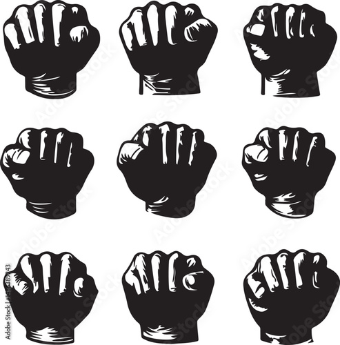 Black and White Fists Illustration Set: Power, Strength, Solidarity