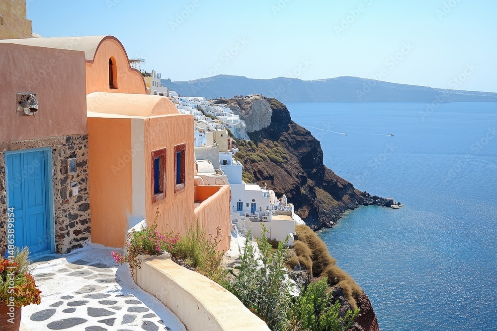 Obraz premium Scenic coastal view of Santorini island in Greece during a sunny day, Aegean sea island Santorini in Greece Visit and explore local culture and style