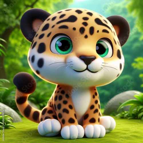 A cute cartoon leopard character with big green eyes sitting in a lush green jungle setting.