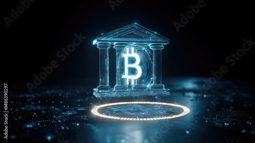 Glowing Bitcoin symbol inside a digital bank facade on a circuit board