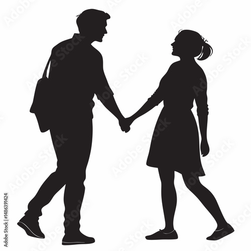 Silhouette of a couple holding hands walking together in black and white