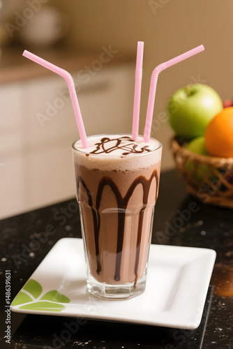 Creamy chocolate drink served in a tall glass with pink straws and a fruit basket in the background