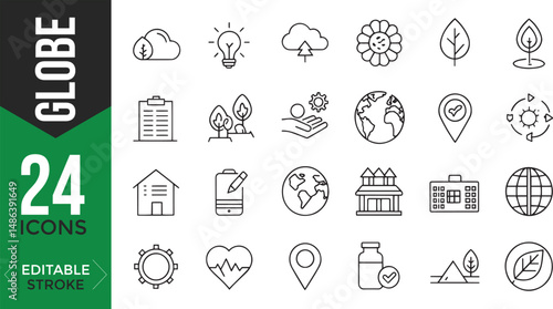 Globe Line Icons Set – Editable Thin Line Vector Symbols for Earth, Ecology & Location


