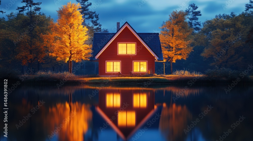 Fototapeta premium Cozy autumn evening reflections lakeside cabin photography tranquil setting serene view nature's beauty