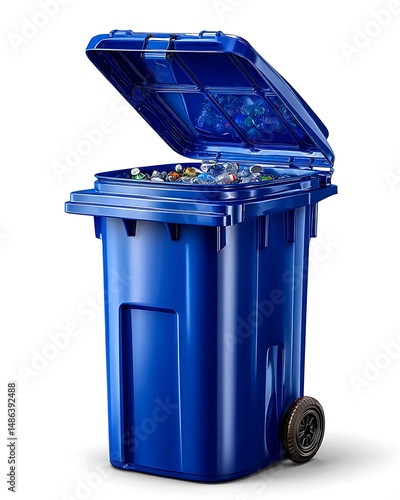 Blue trash bin by grey wall high resolution picture