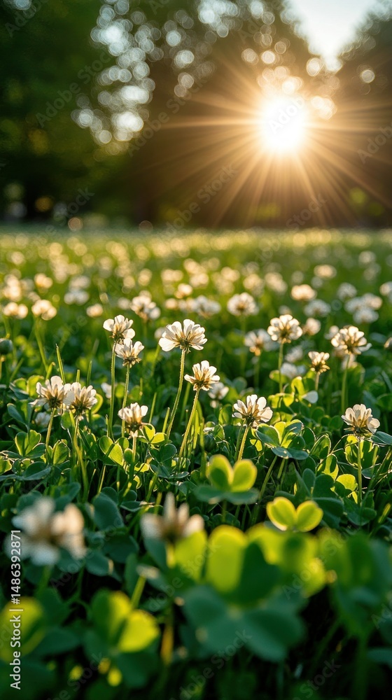 Fototapeta premium A field of white clover bathed in golden sunlight