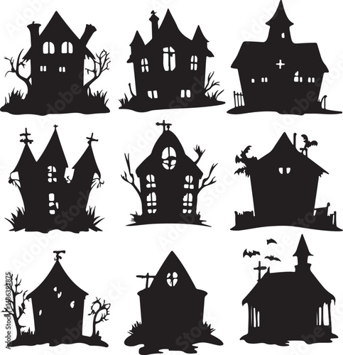 Wallpaper Mural Halloween Haunted Houses Silhouettes Vector Art Black And White Torontodigital.ca