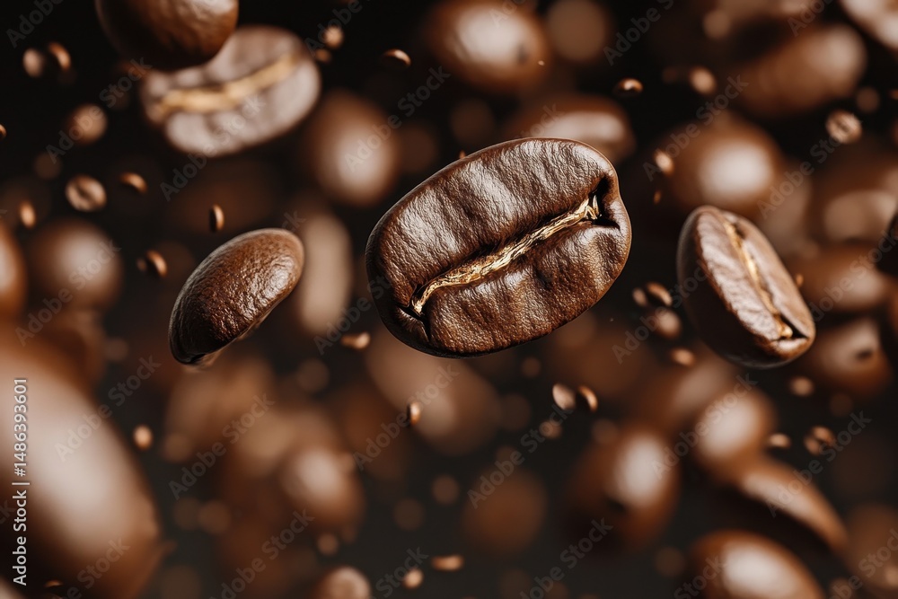 Fototapeta premium Coffee beans falling in close up showcasing rich texture and vibrant color, Coffee beans are falling close-up