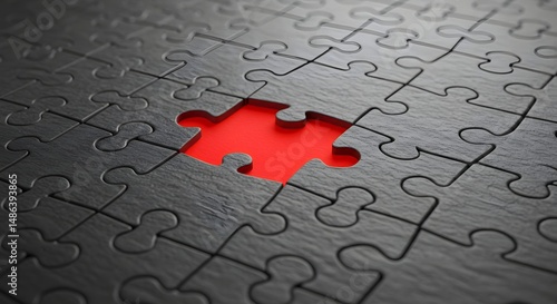 Close up of a black jigsaw puzzle with a missing red piece
