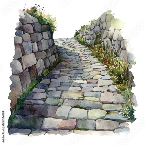 watercolor vector of Inca Stone Road Path, high quality, isolated on a white background.