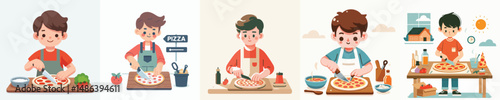 vector set of boys cutting pizza