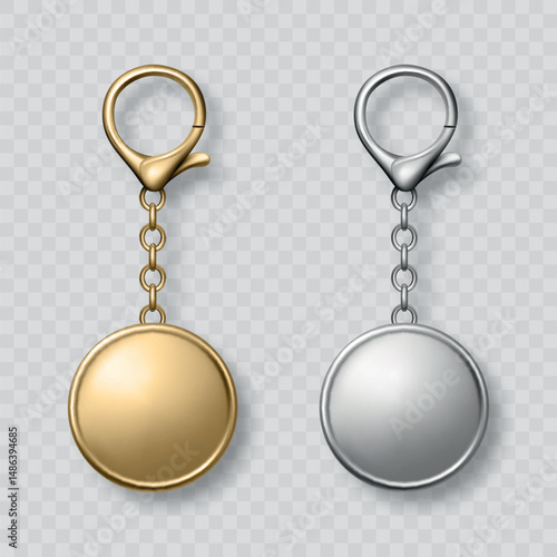 Vector Gold and Silver Keychain Icon Set, Isolated. Realistic Round Keychain Design for Branding. Blank Keychain Mockup for Logo. Luxury Metallic Keychain Template for Custom Accessory Design