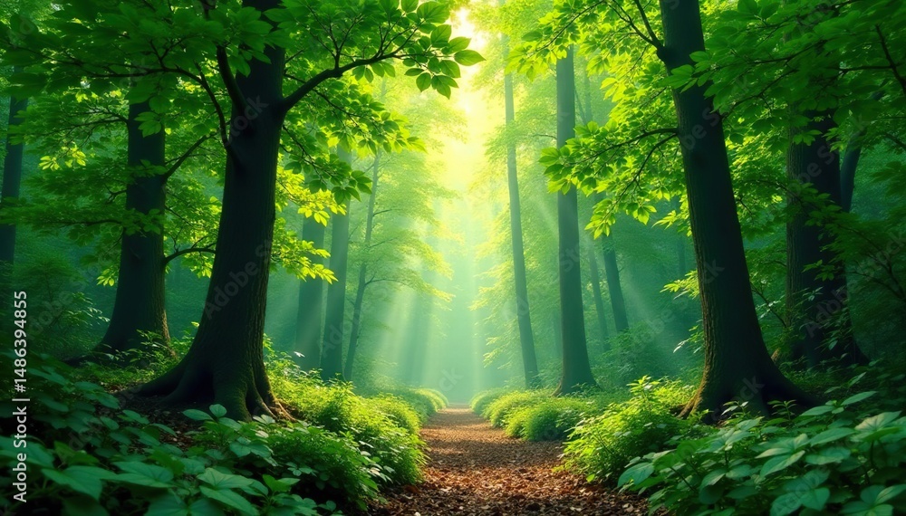 Obraz premium Serene forest background, lush green canopy, dappled sunlight filtering through leaves , outdoors, natural, serene