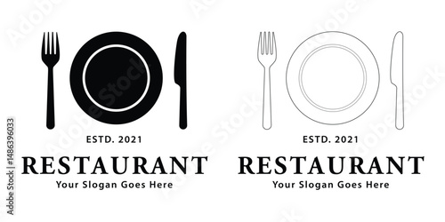 Restaurant vector logo with plate, fork, and knife illustration for modern food service branding, Downloadable graphic for dining and food businesses