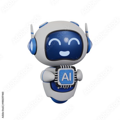 Cute 3D robot character with a blue business sign, a future technology concept illustration