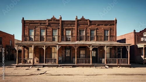 Old wooden wild west saloon building in ghost town on sunny day