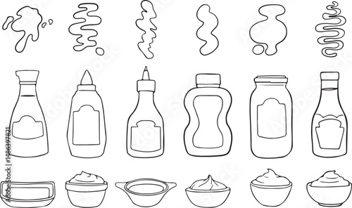 Collection of different sauce bottles, jars, and bowls with various sauce smears and dollops. Outline vector illustration for food and condiment concepts.