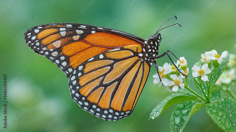 Monarch butterfly, orange and black, on white flowers, wet. Bokeh background Monarch butterfly, orange and black, on white flowers, wet. Bokeh background