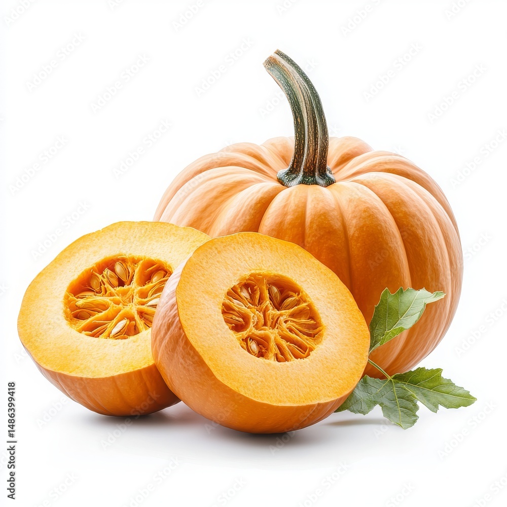 Fresh Vibrant Pumpkin with Cut Sections Showing Bright Orange Flesh and Seeds Isolated on White Background Fresh Vibrant Pumpkin with Cut Sections Showing Bright Orange Flesh and Seeds Isolated on White Background