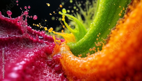Modern art featuring a whirlpool of vibrant fruit juices creating a dynamic pattern on a dark background
