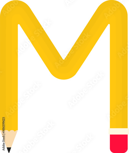 Curved graphic line, in the shape of a wooden graphite pencil with a rubber tip, forming the letter M of the alphabet
