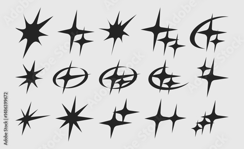 set of black silhouettes of sparkling stars y2k element design