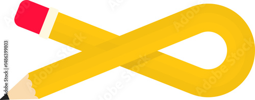 Curved graphic line, in the shape of a wooden graphite pencil with a rubber tip, curving, returning and changing direction, crossing the previous straight line, to direct information in the drawing