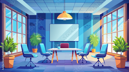 Modern conference room interior with blank poster mockup on clean blue wall and minimalist furniture in bright natural light setting. 3D Rendering