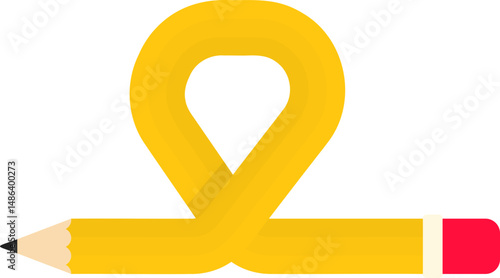 Curved graphic line, shaped like a wooden graphite pencil with an eraser tip, with one loop